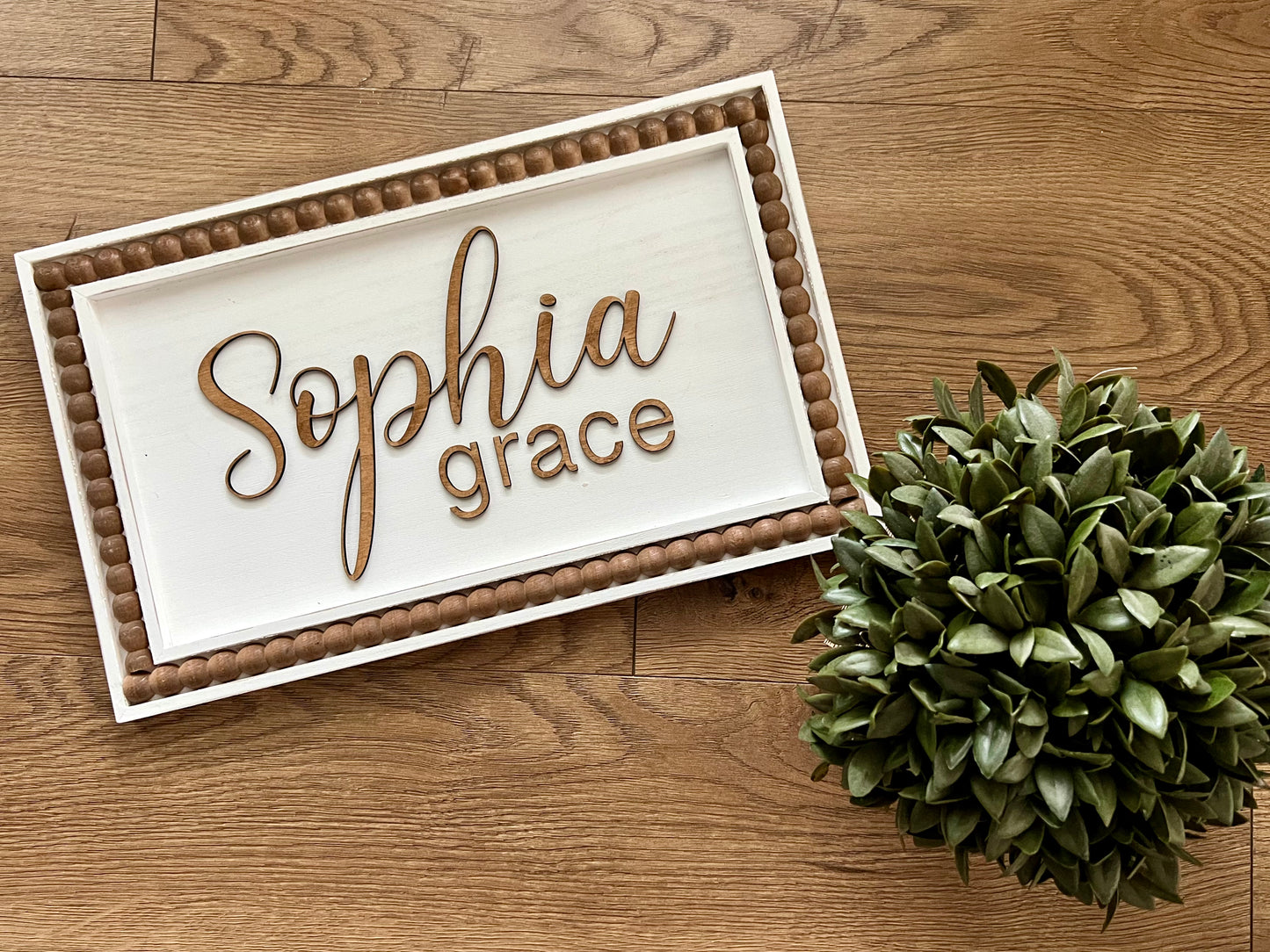 Personalized White Nursery Name Sign With Beaded Frame