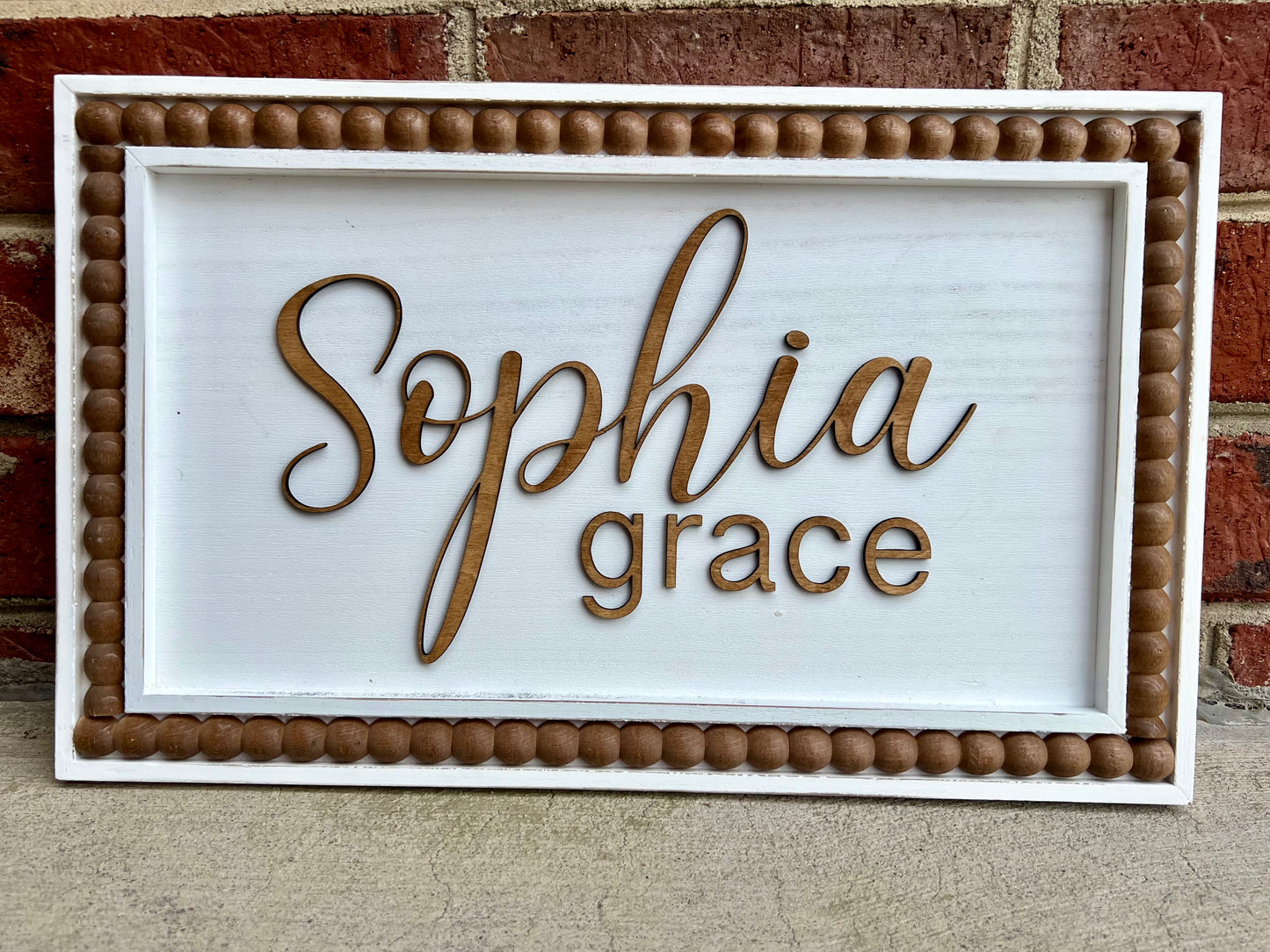 Personalized White Nursery Name Sign With Beaded Frame