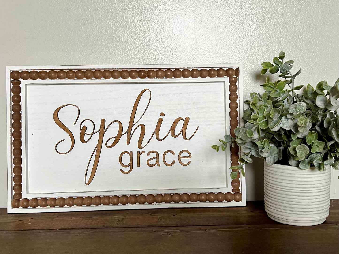 Personalized White Nursery Name Sign With Beaded Frame