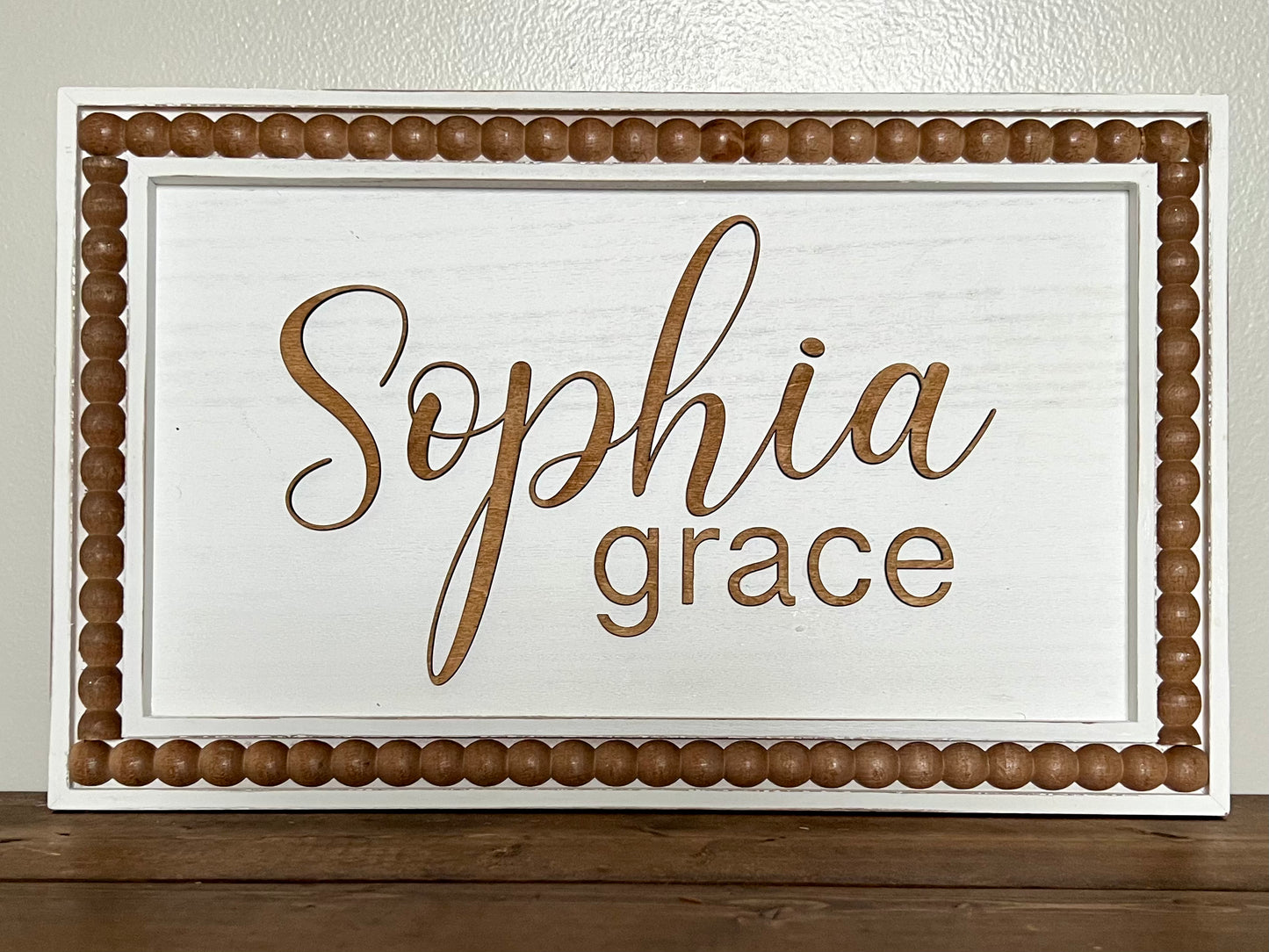 Personalized White Nursery Name Sign With Beaded Frame